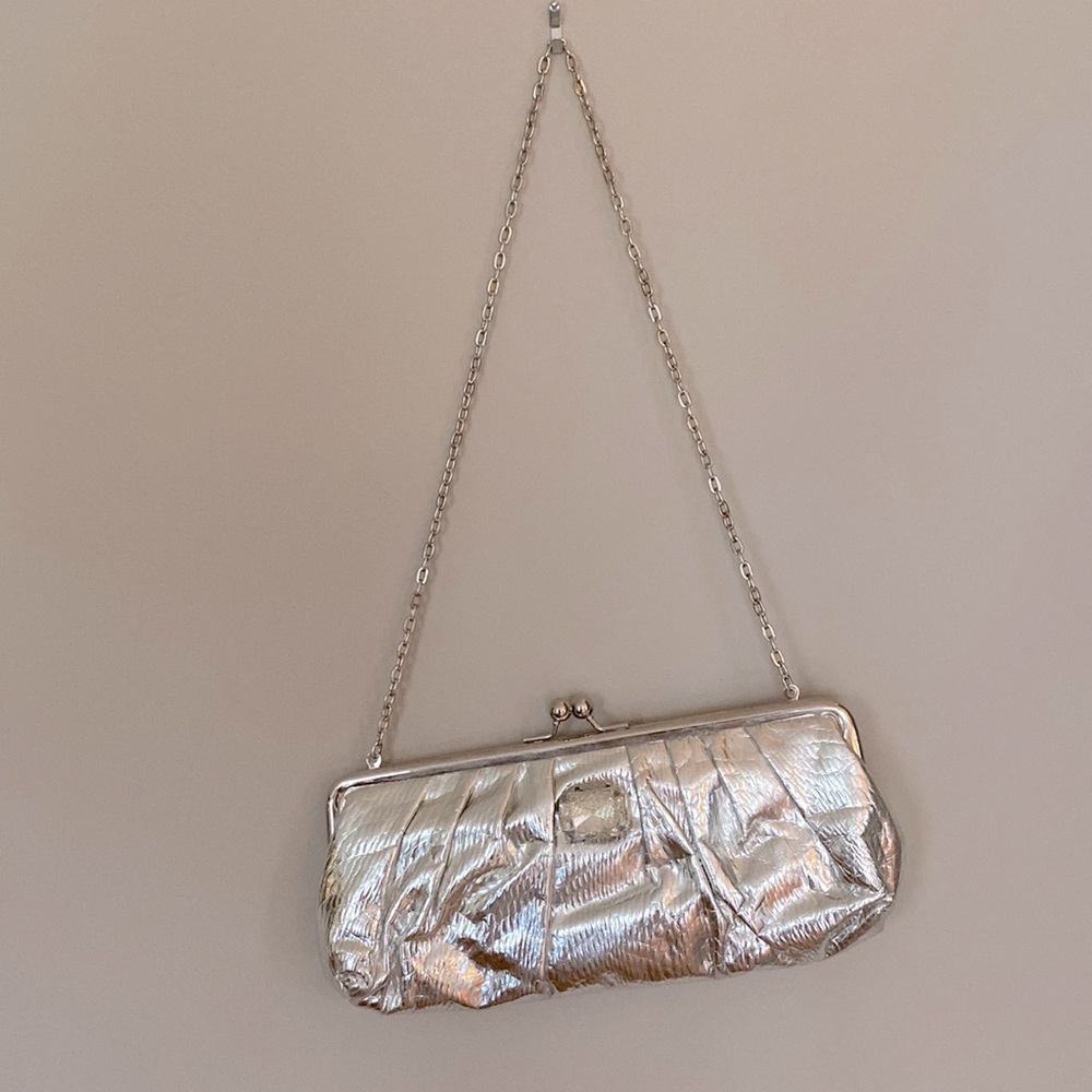 Vintage Silver Clutch with attached metal strap 2 pockets and 6 card holder